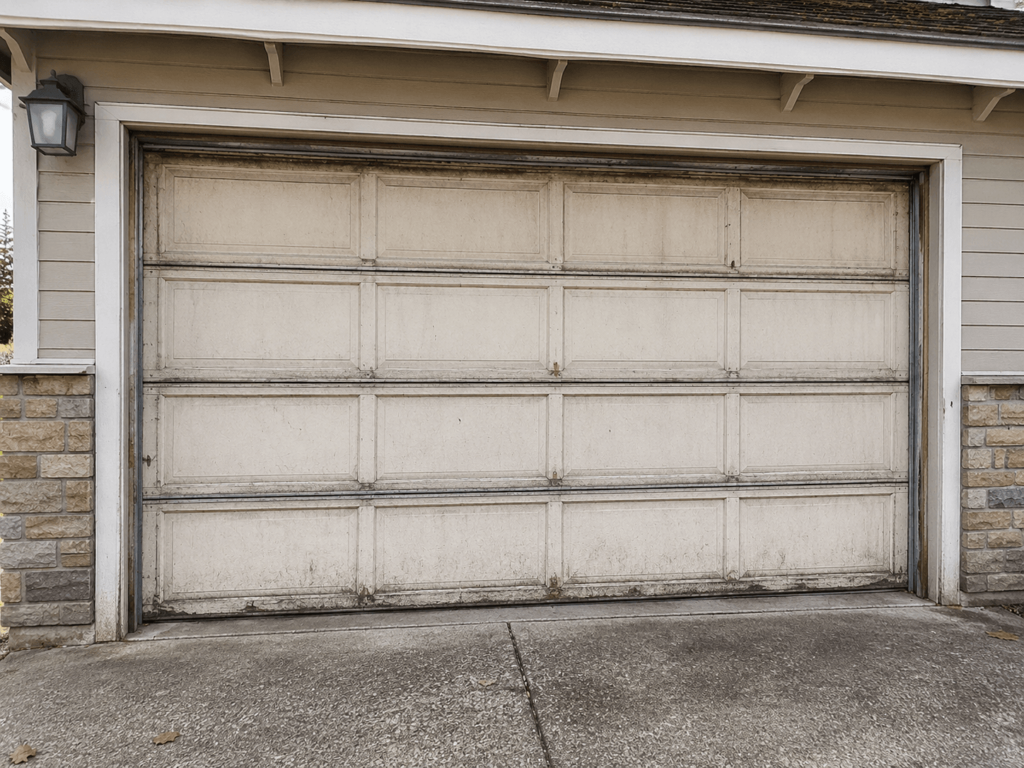 Aged garage door showing wear and weather damage