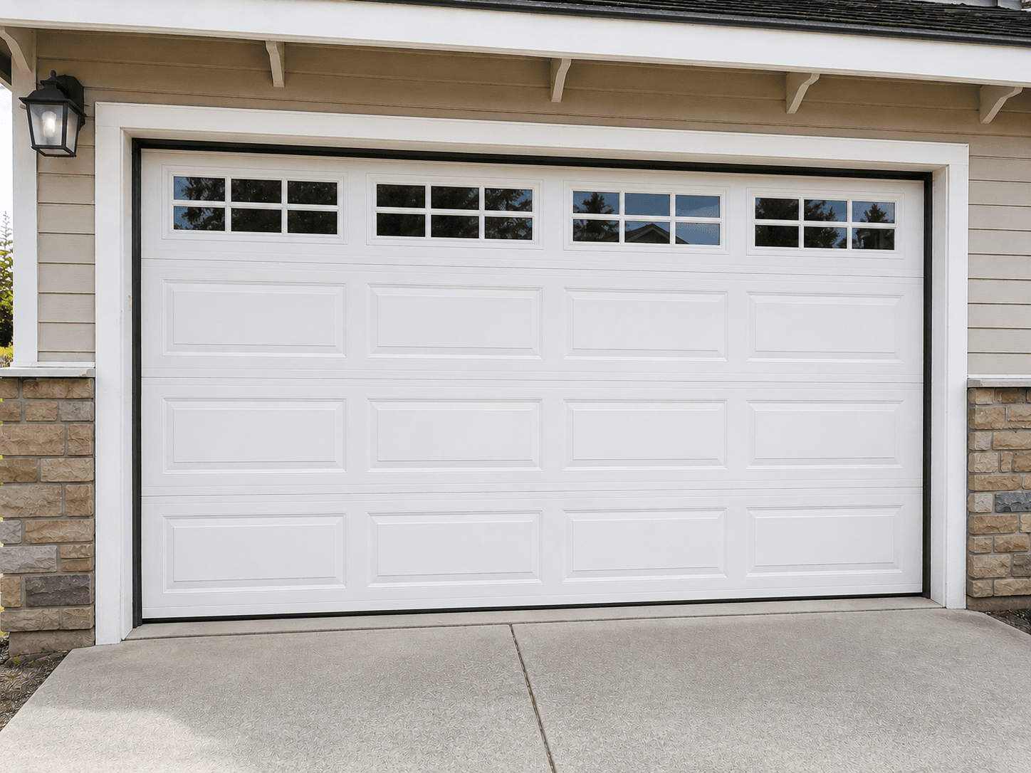 Bright suburban garage with upgraded garage door