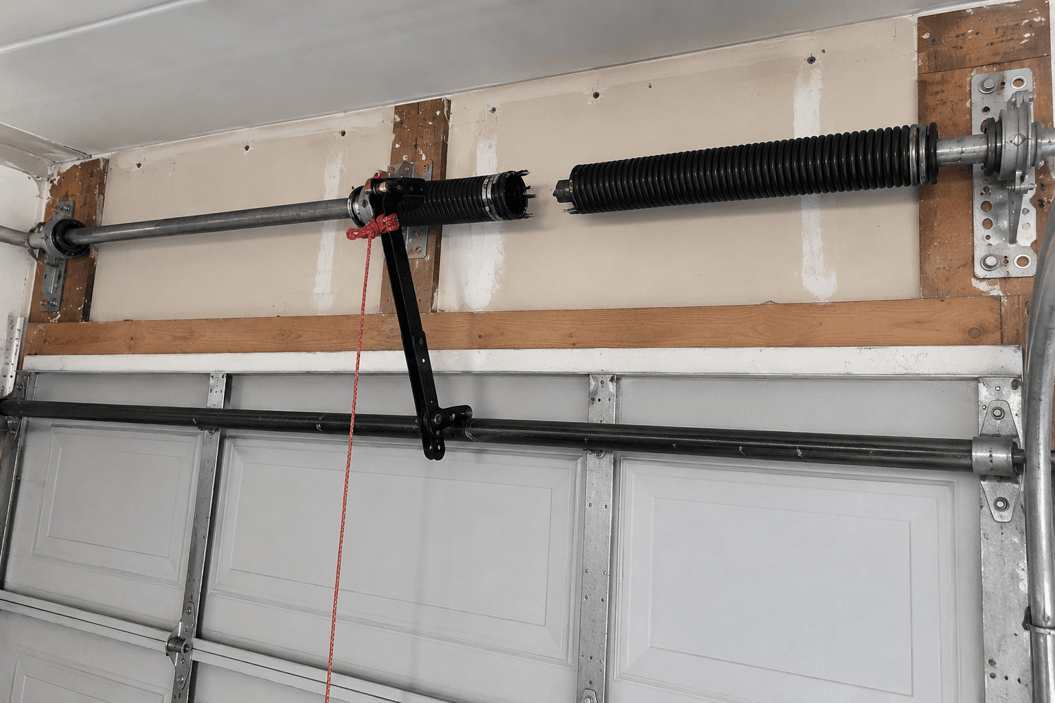 Broken garage door torsion spring before repair