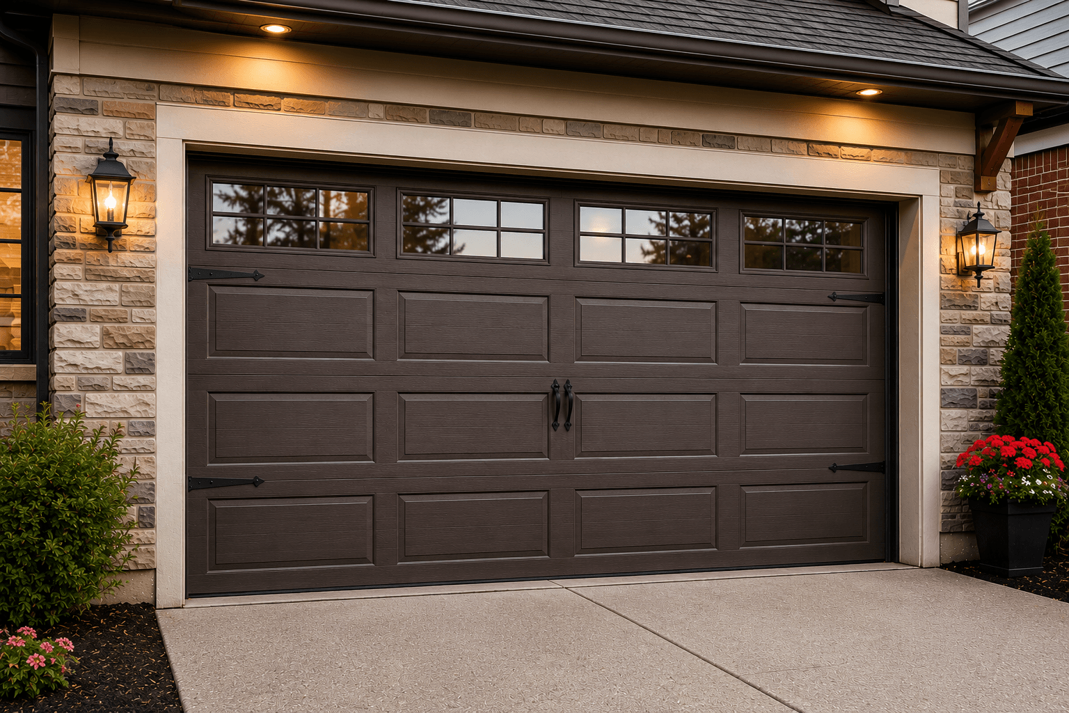 Charming suburban garage with new carriage style garage door in Puyallup