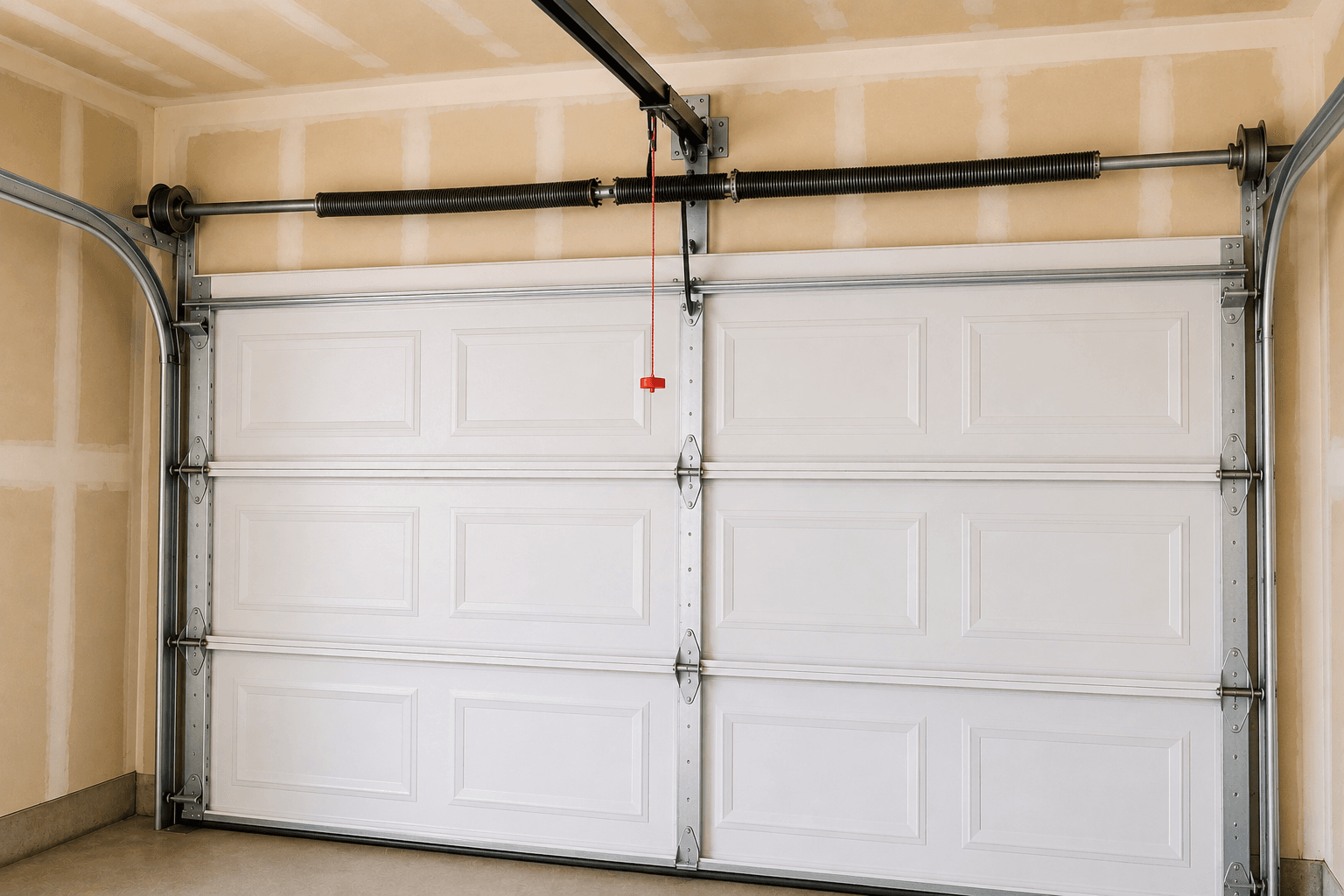 Clean garage with new white insulated garage door installation