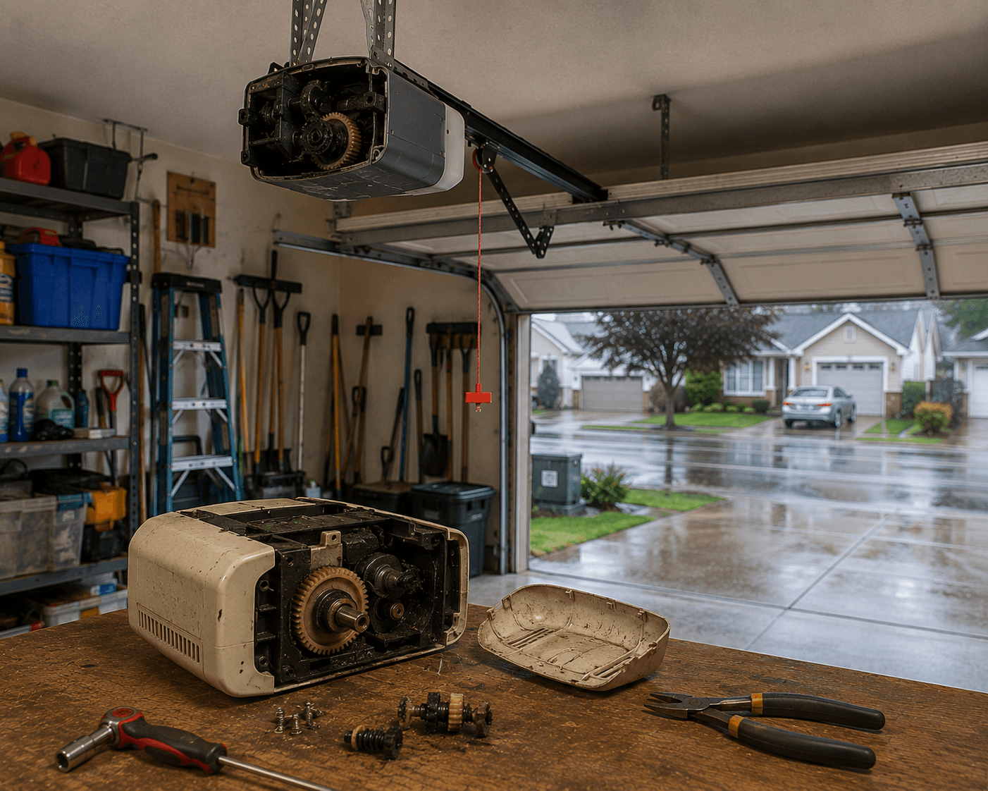 Cluttered garage with scattered tools and equipment