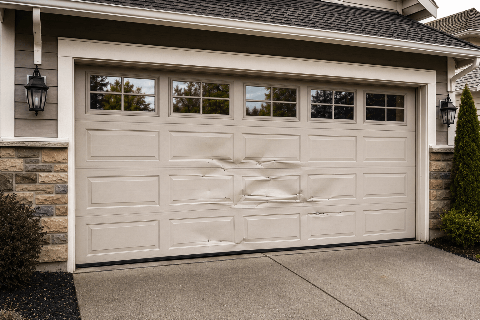 Damaged garage door affecting curb appeal before replacement in Puyallup