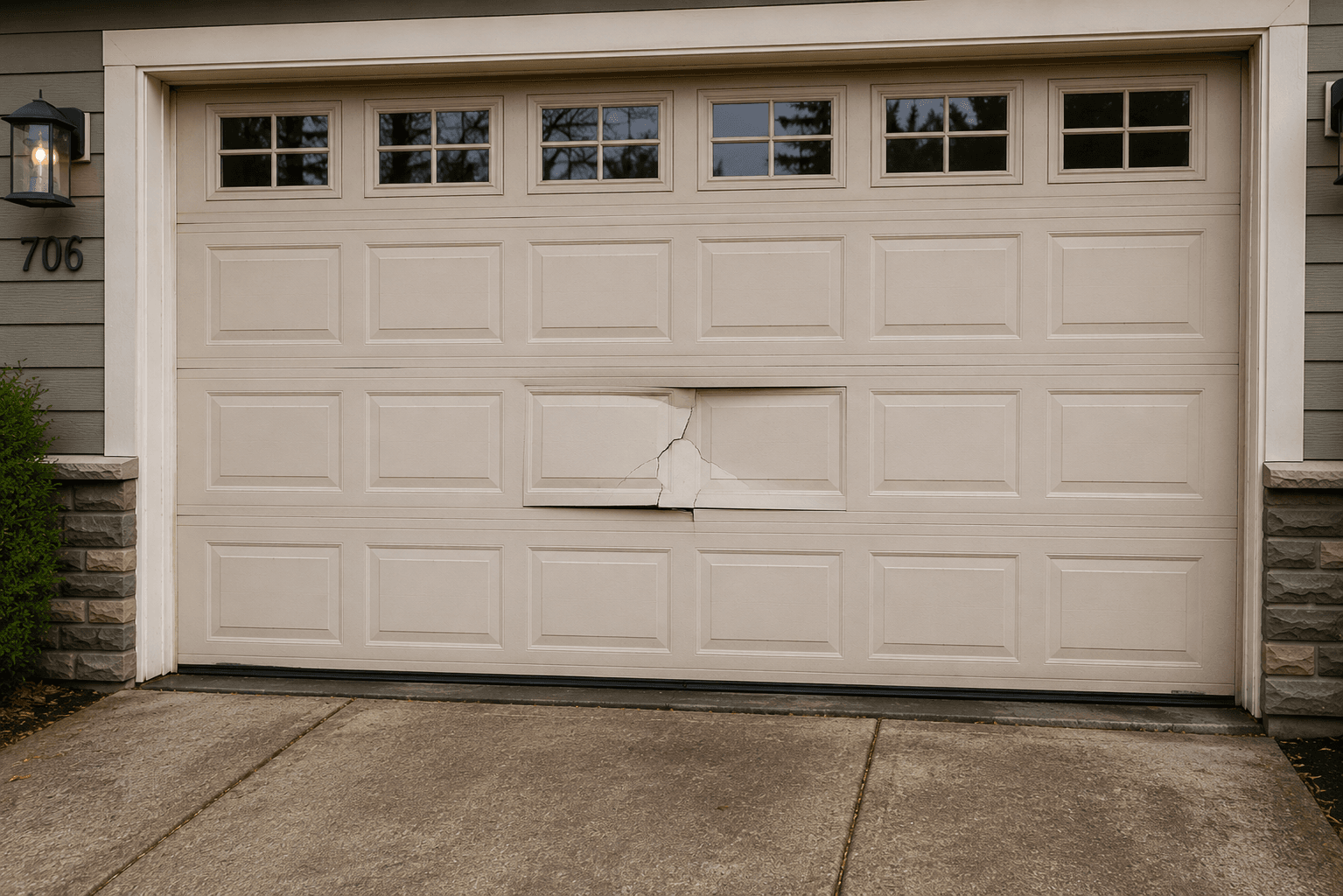 Damaged garage door before replacement service in Puyallup
