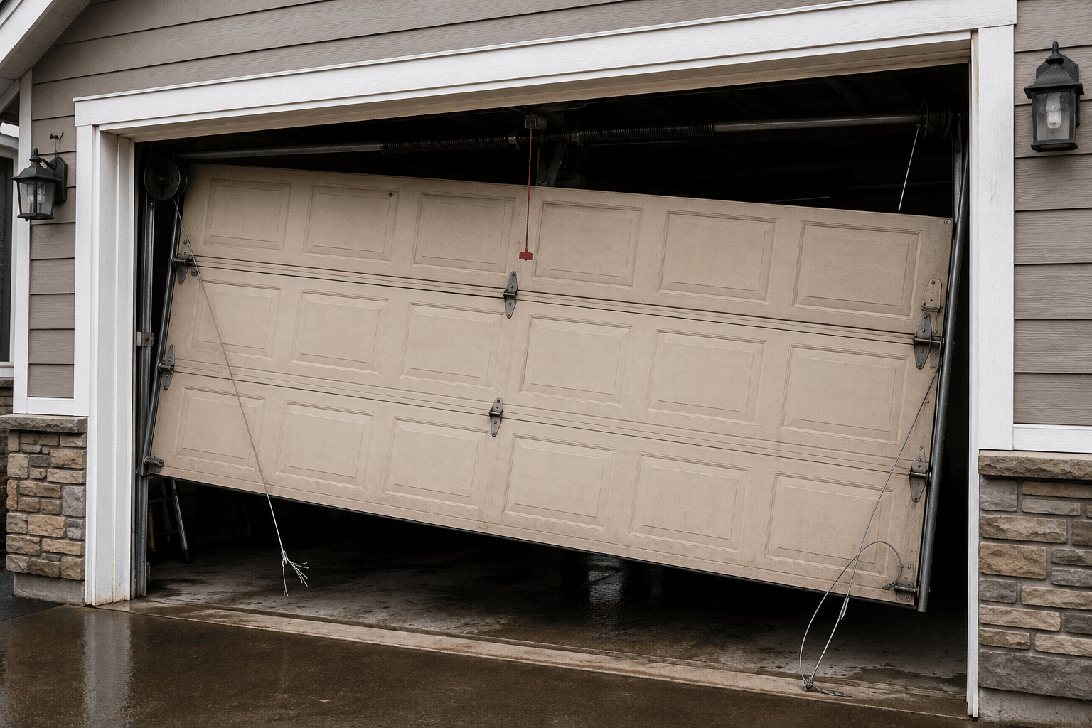 Damaged garage door before repair service