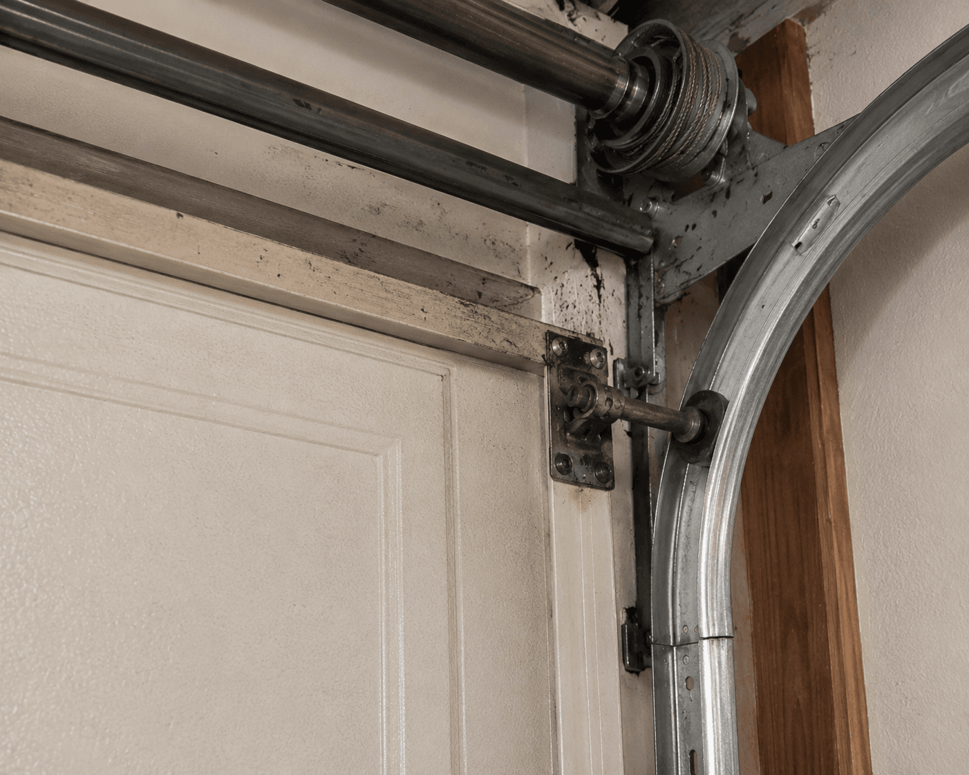 Garage door mechanism showing signs of wear before maintenance