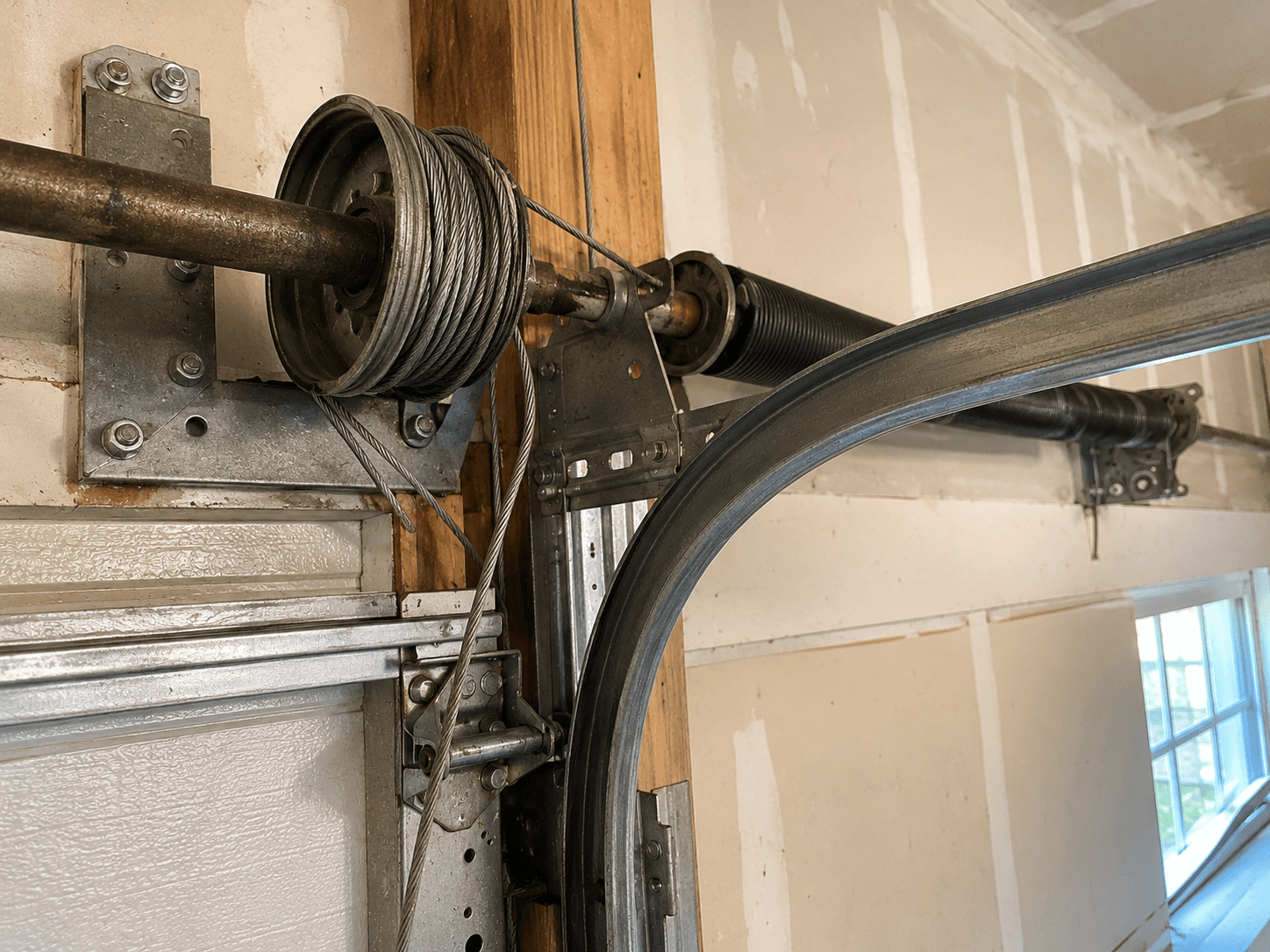 Worn garage door mechanism before maintenance