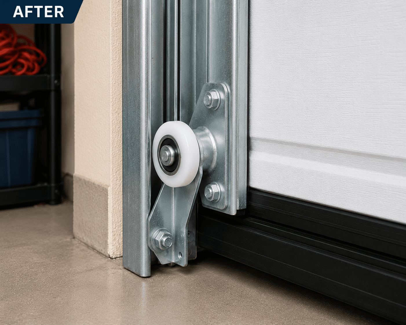 Garage door repair completed with properly aligned track and rollers