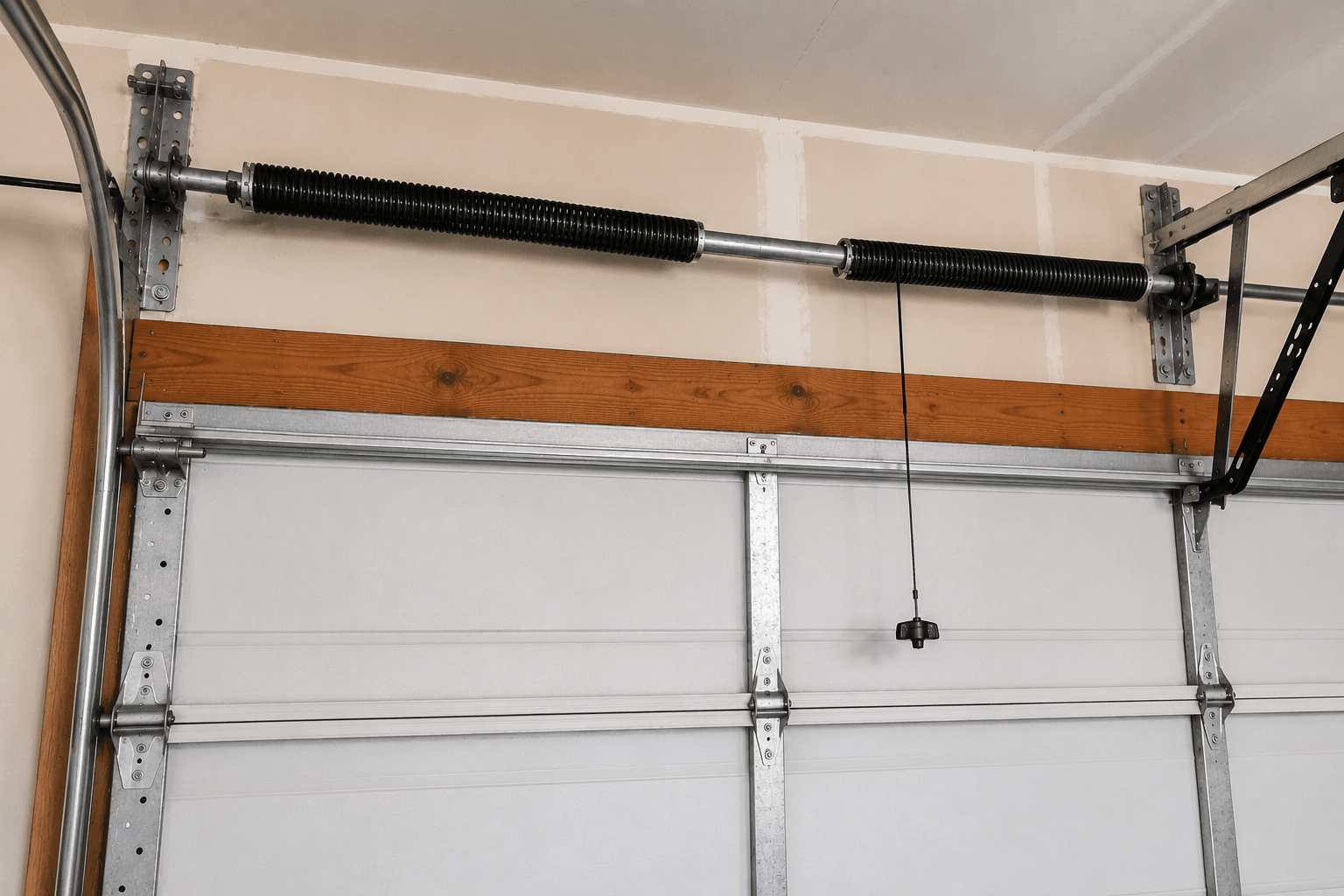 Garage door top section with properly functioning torsion spring system