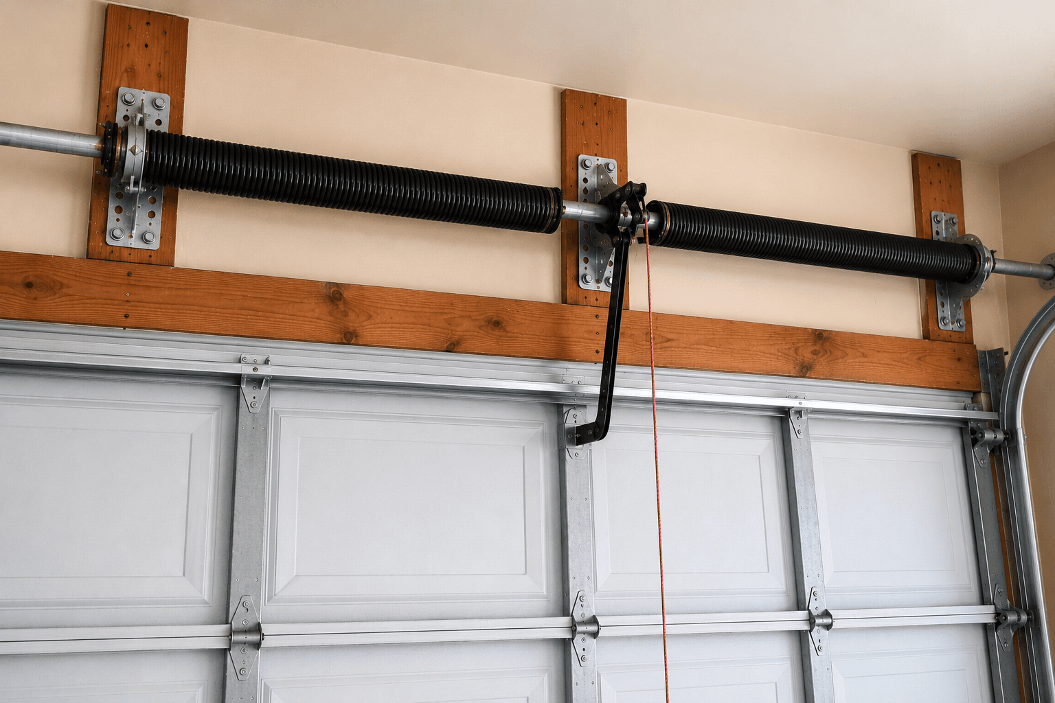 Garage door torsion spring system after repair and adjustment