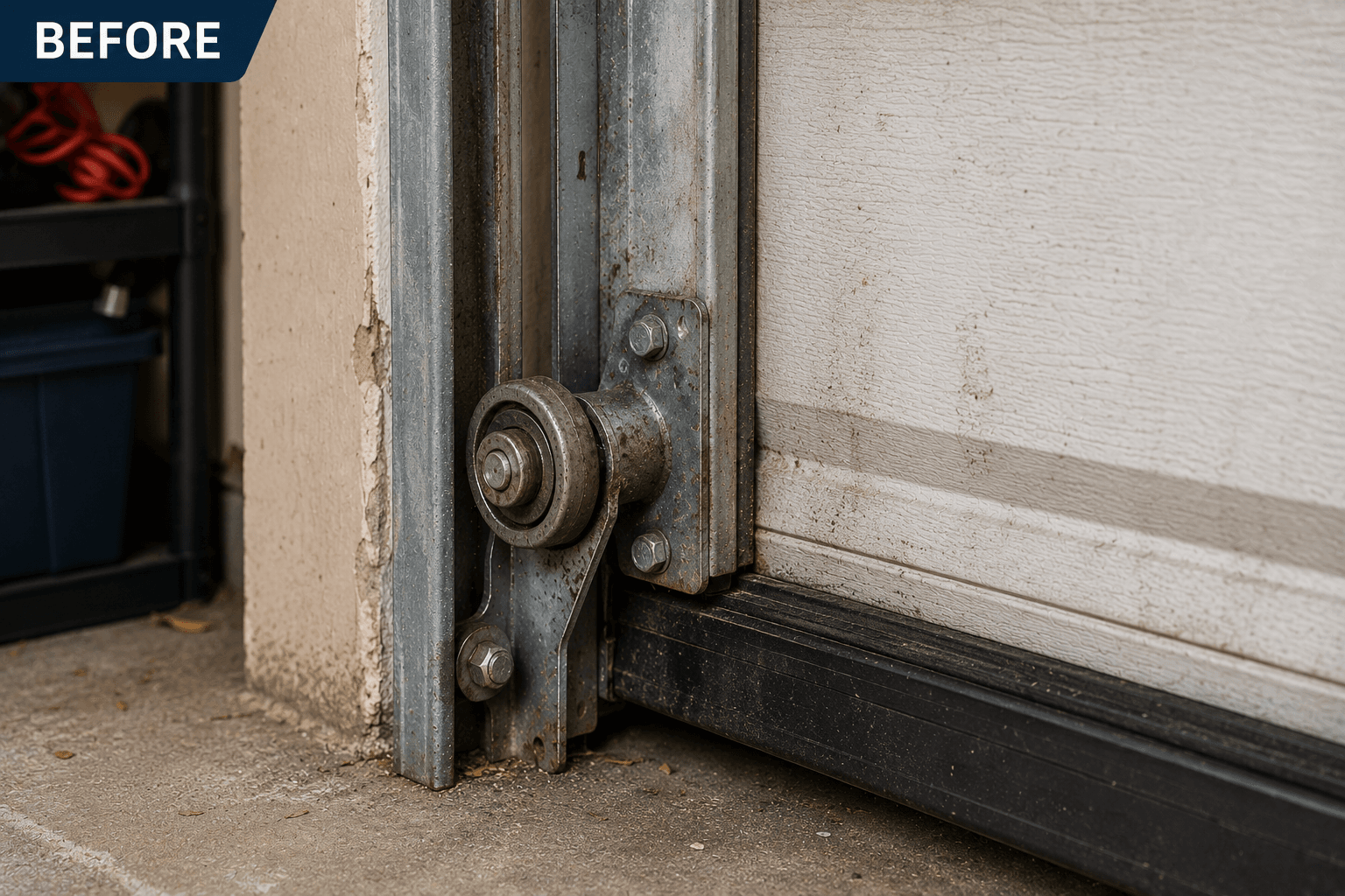 Garage door track and roller system showing wear before repair
