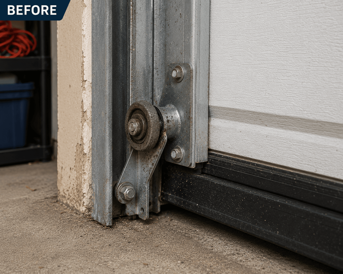 Garage door track and hardware before professional repair