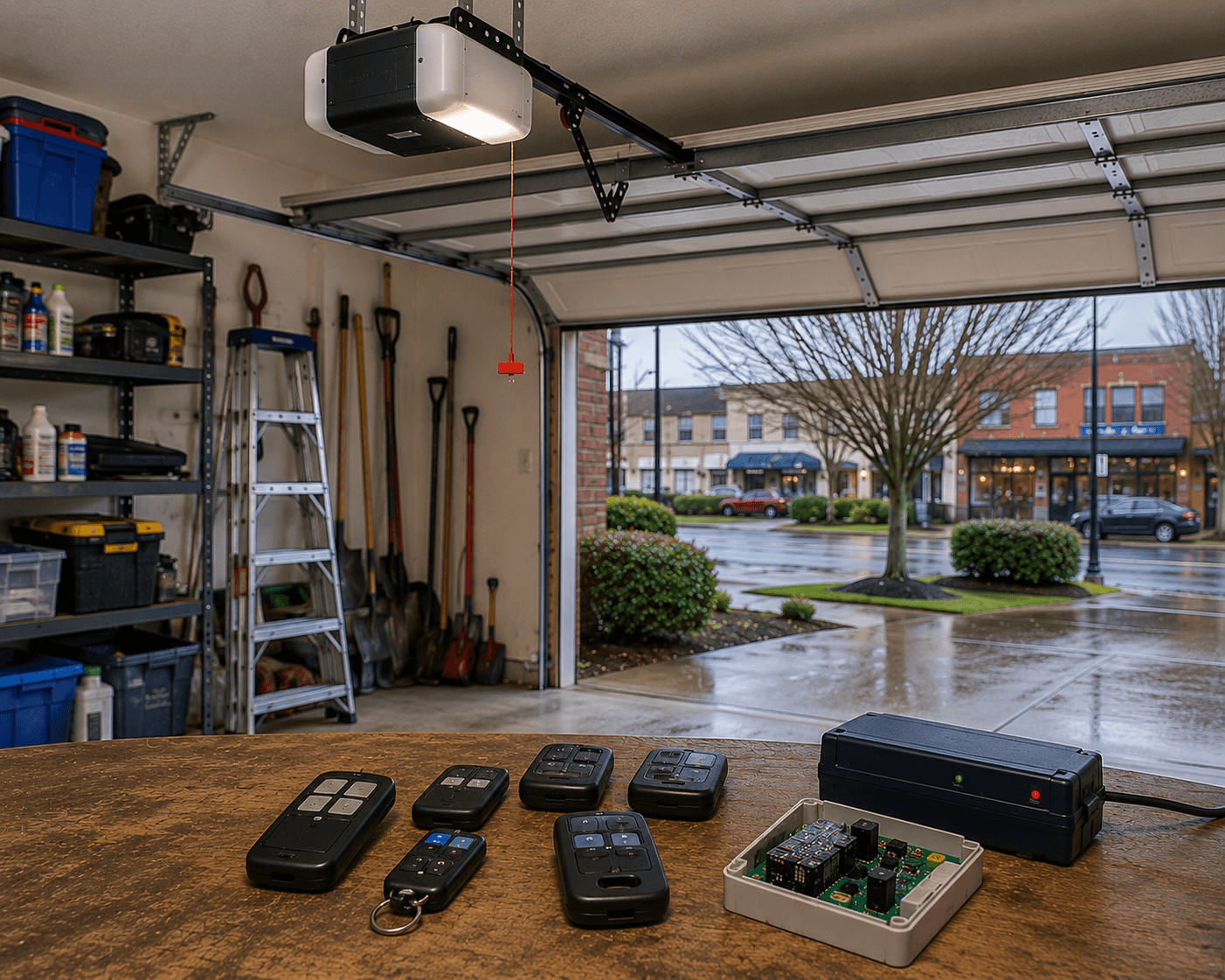 Organized garage workshop with improved storage and workspace