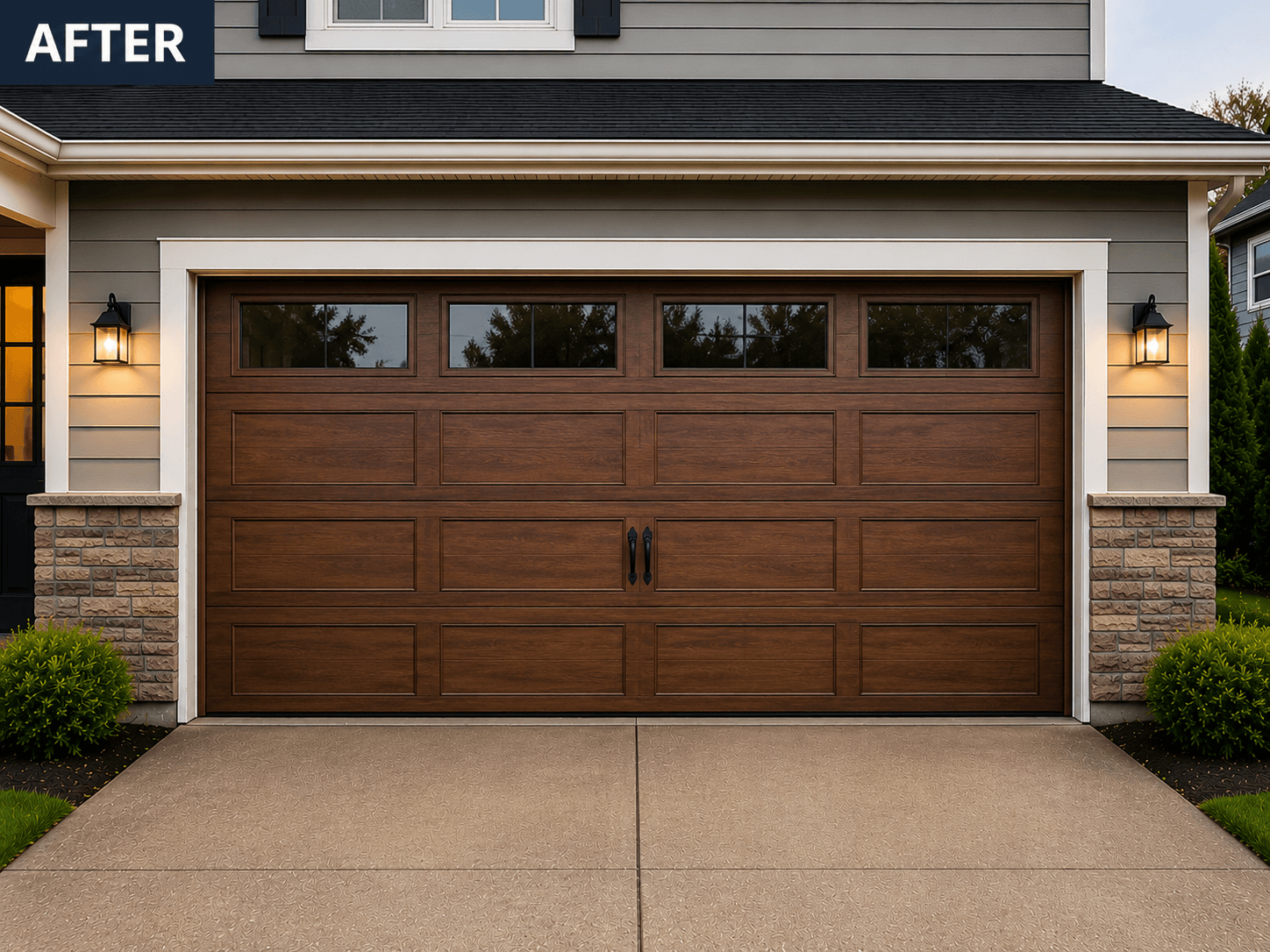 Modern garage featuring wood-look garage door after renovation