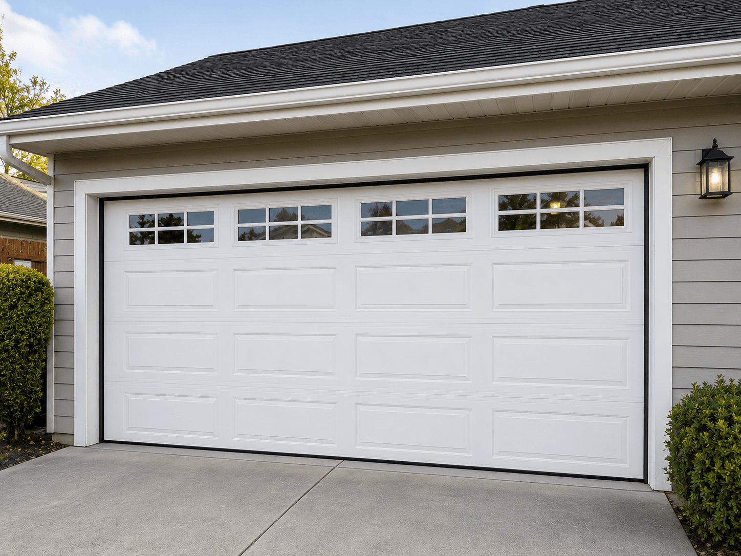 Modern suburban garage with completed garage door installation