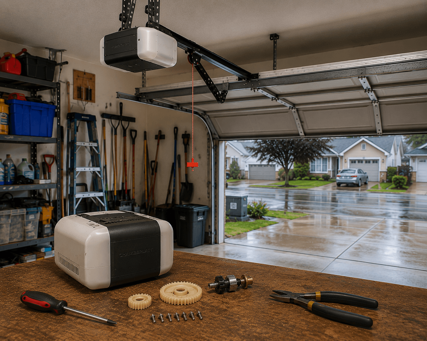 Garage workspace with organized workbench and improved functionality