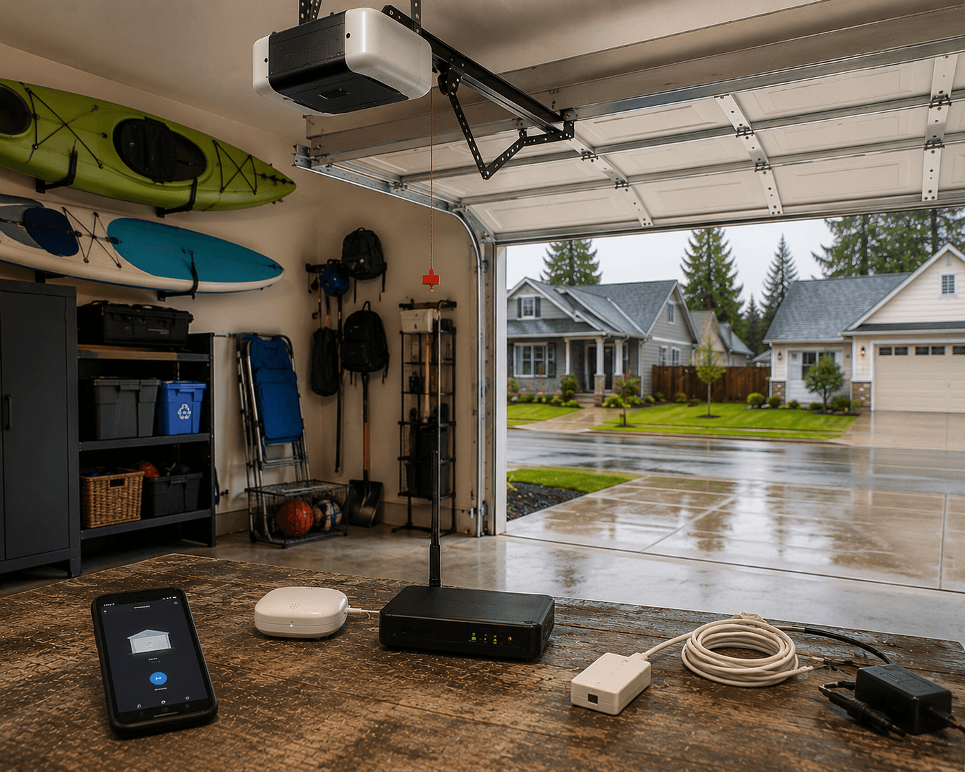 Smart garage with organized storage systems and clean layout