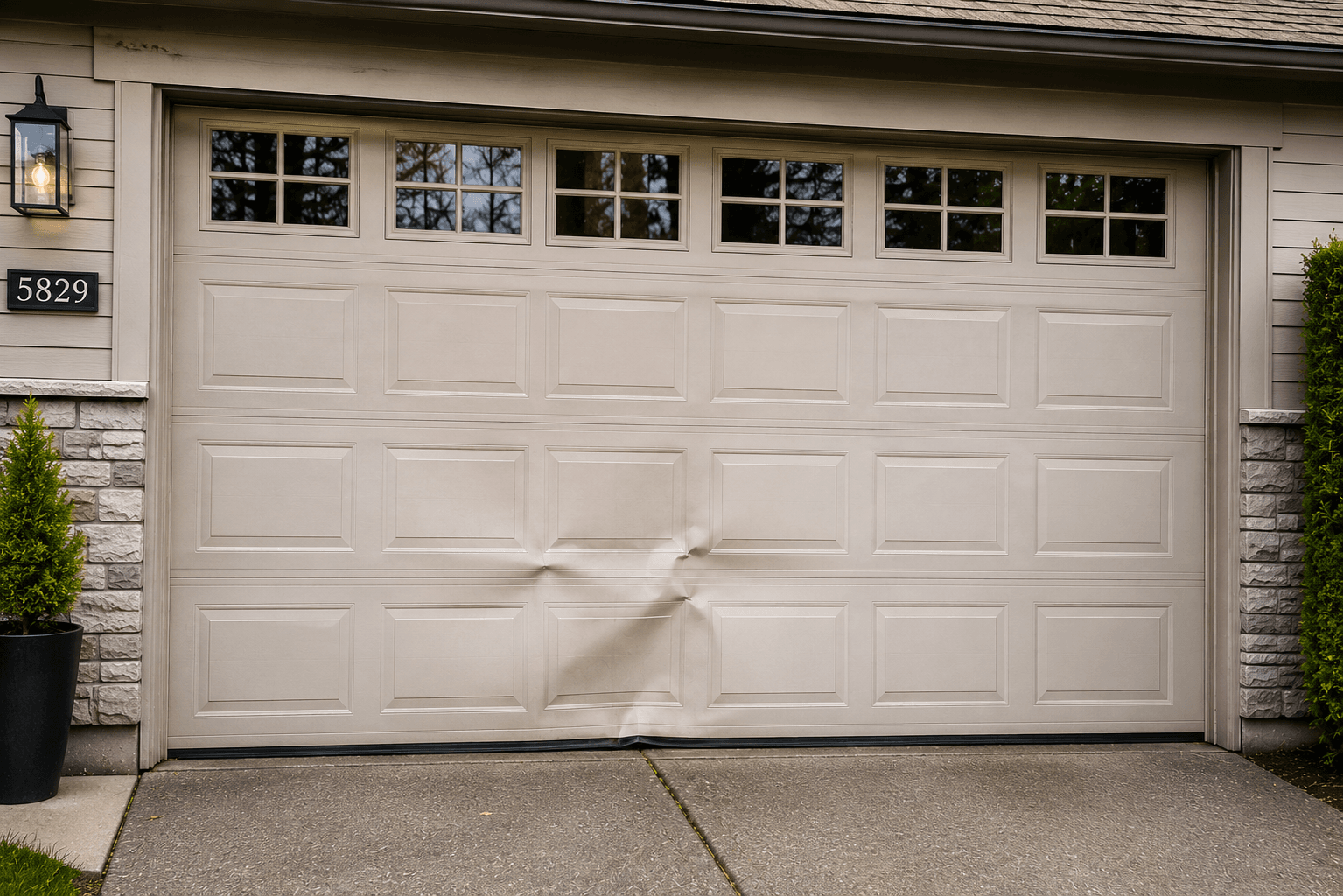 Suburban home with deteriorated garage door before replacement in Puyallup