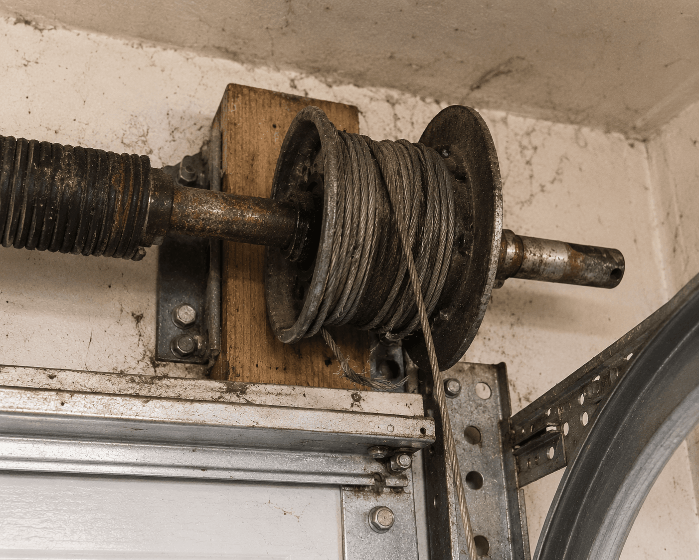 Garage door mechanism showing signs of wear before repair