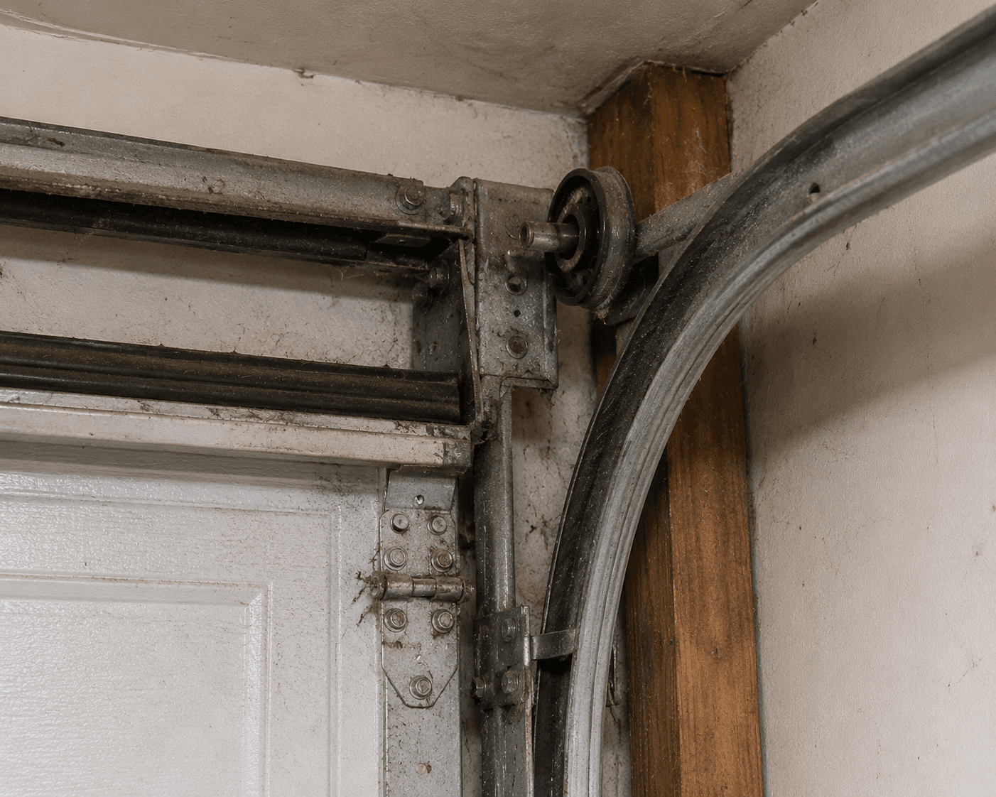 Worn garage door track before repair
