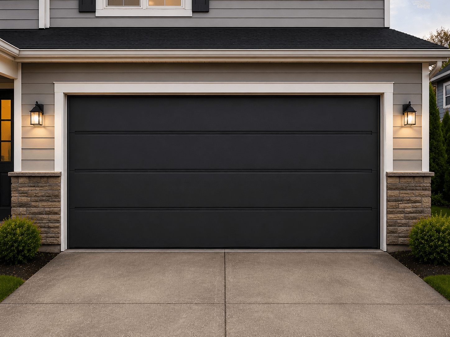 Home with new insulated steel garage door after installation