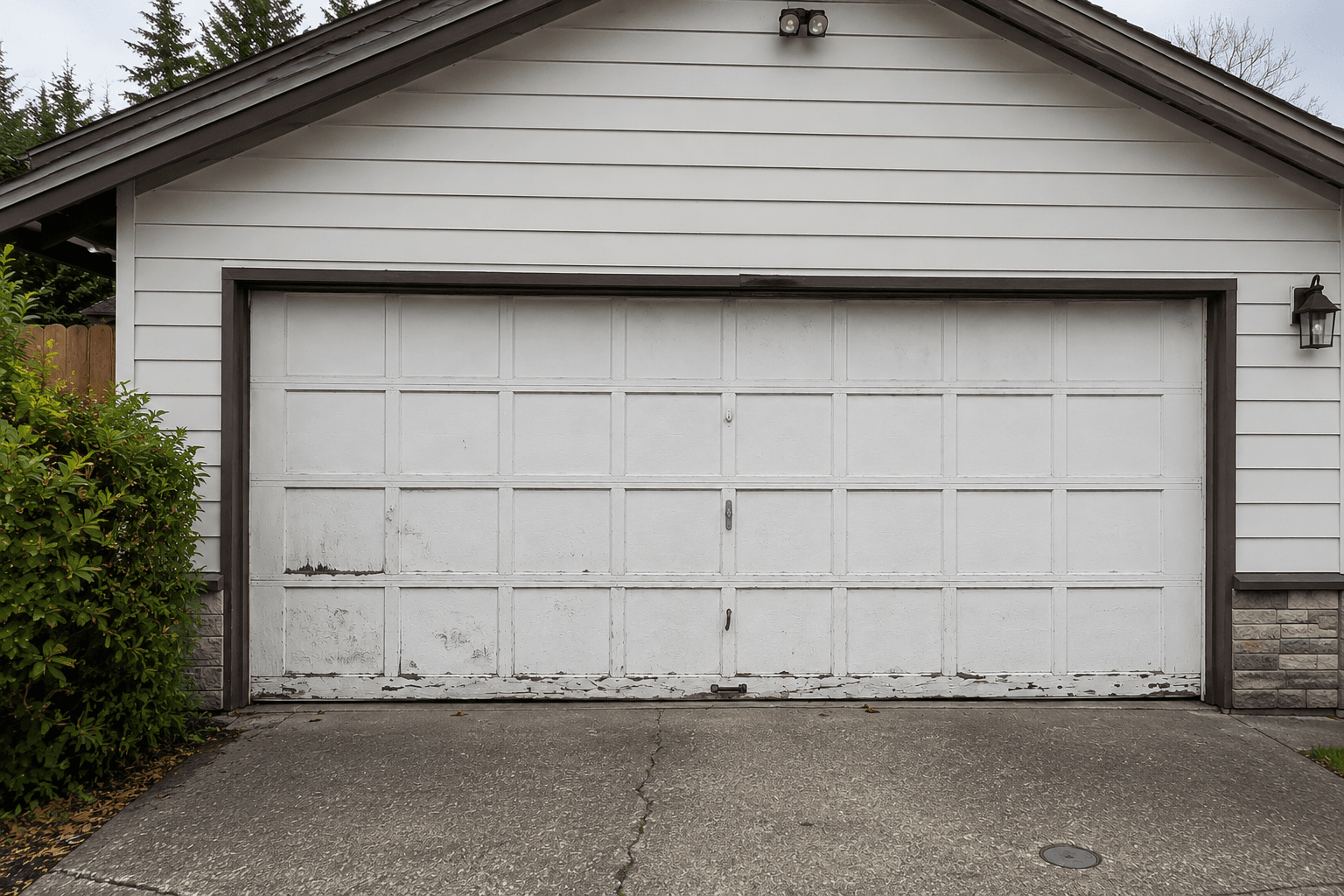 Aged garage door in quiet suburb