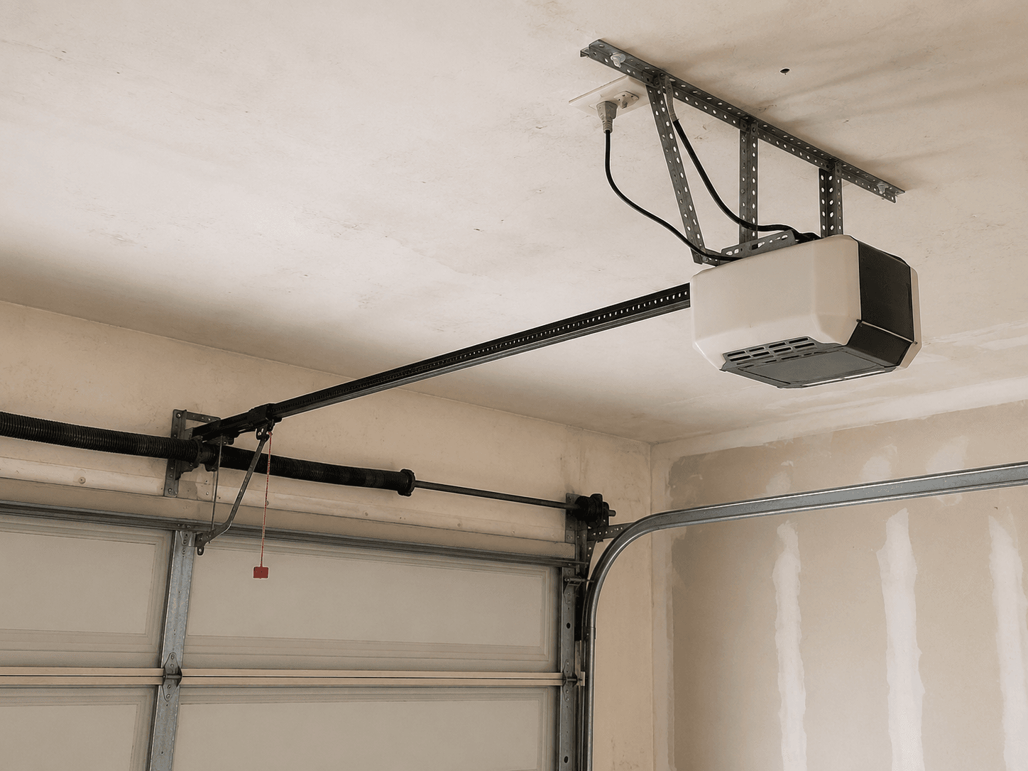 Before garage door opener upgrade showing an older chain-drive opener with worn components in a Silver Creek garage