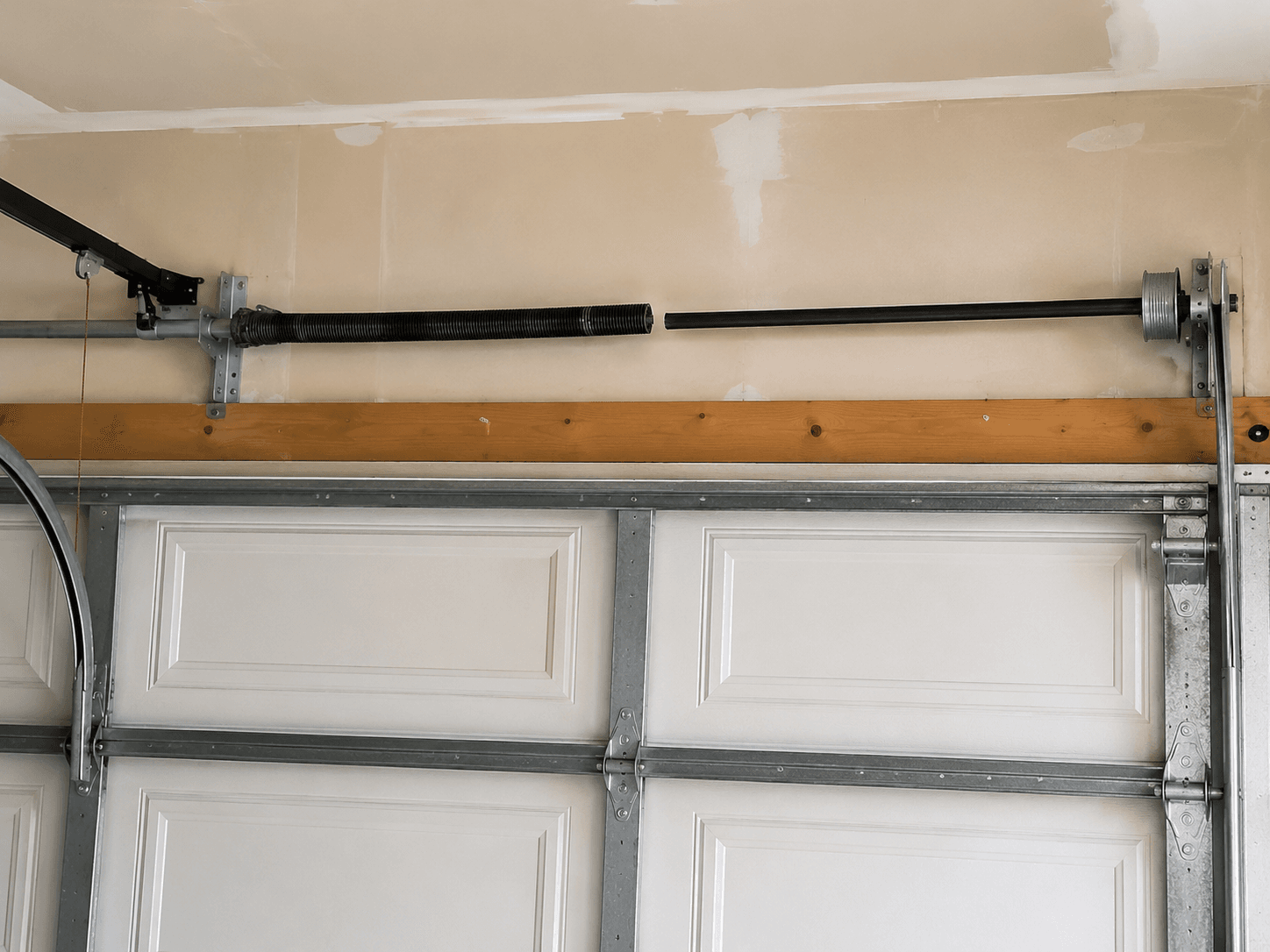 Before garage door spring replacement showing a broken torsion spring above a residential garage door near Meridian