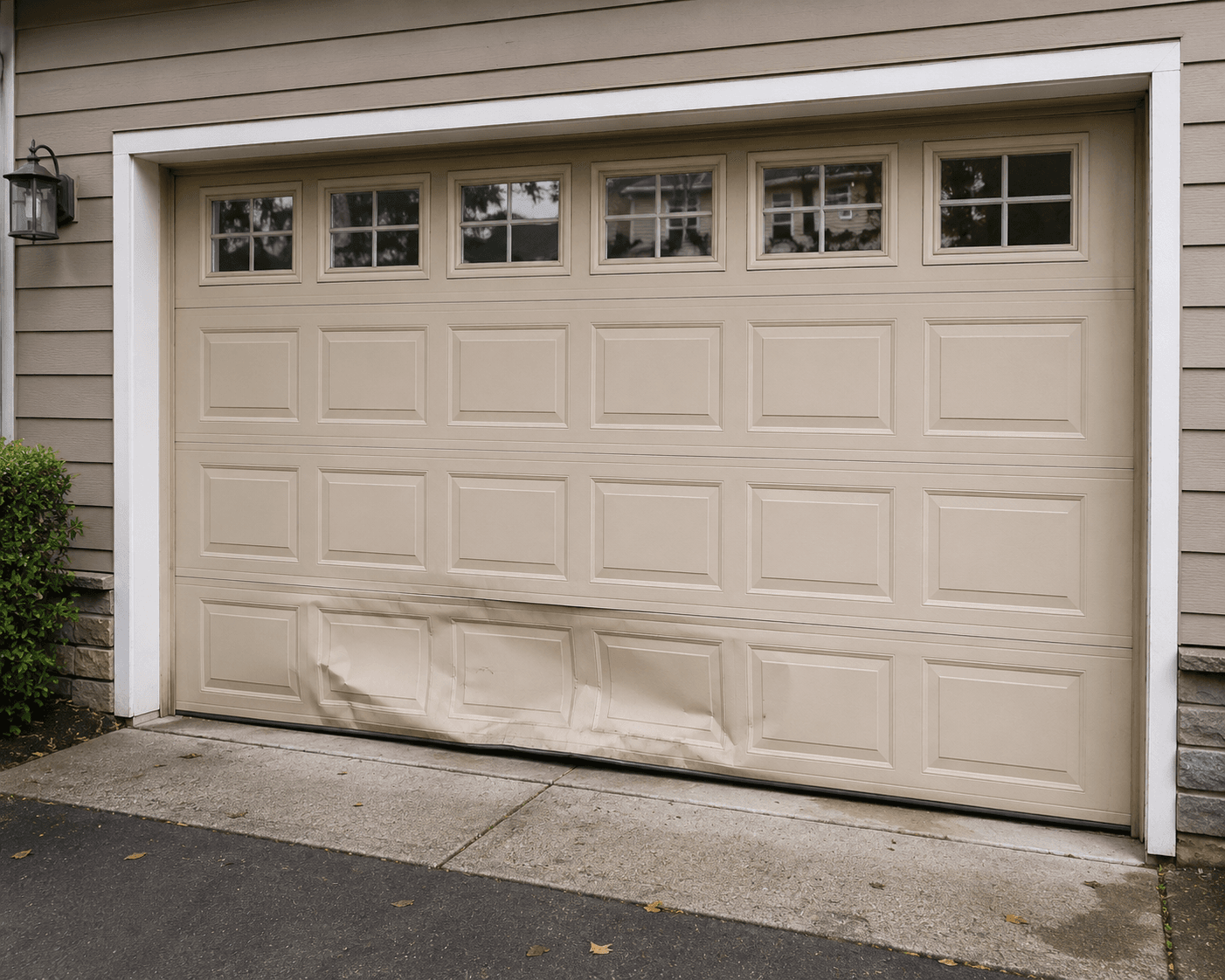 Beige garage door with noticeable damage