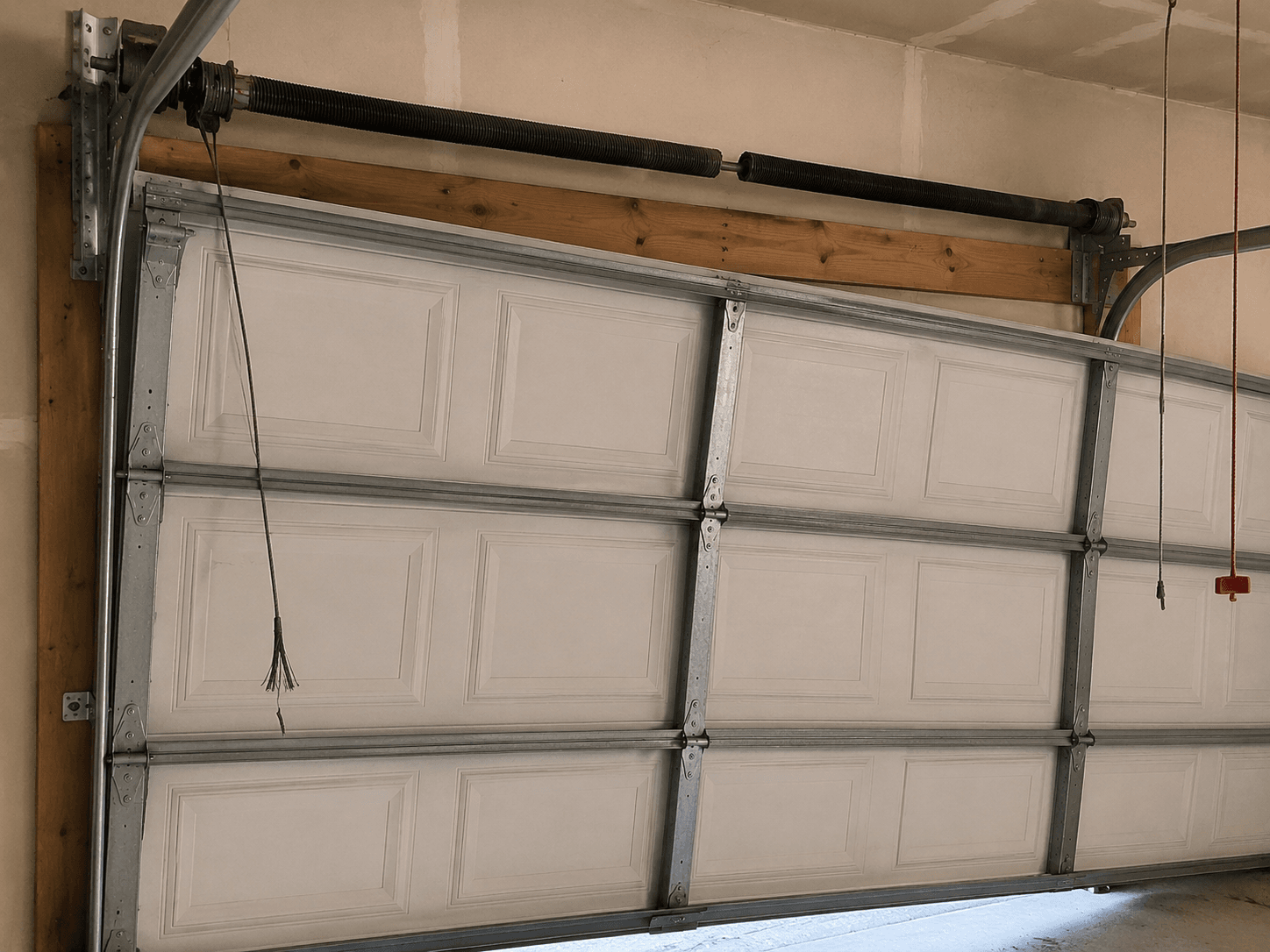 Before emergency garage door cable repair showing a snapped lift cable causing an uneven residential garage door in South Hill