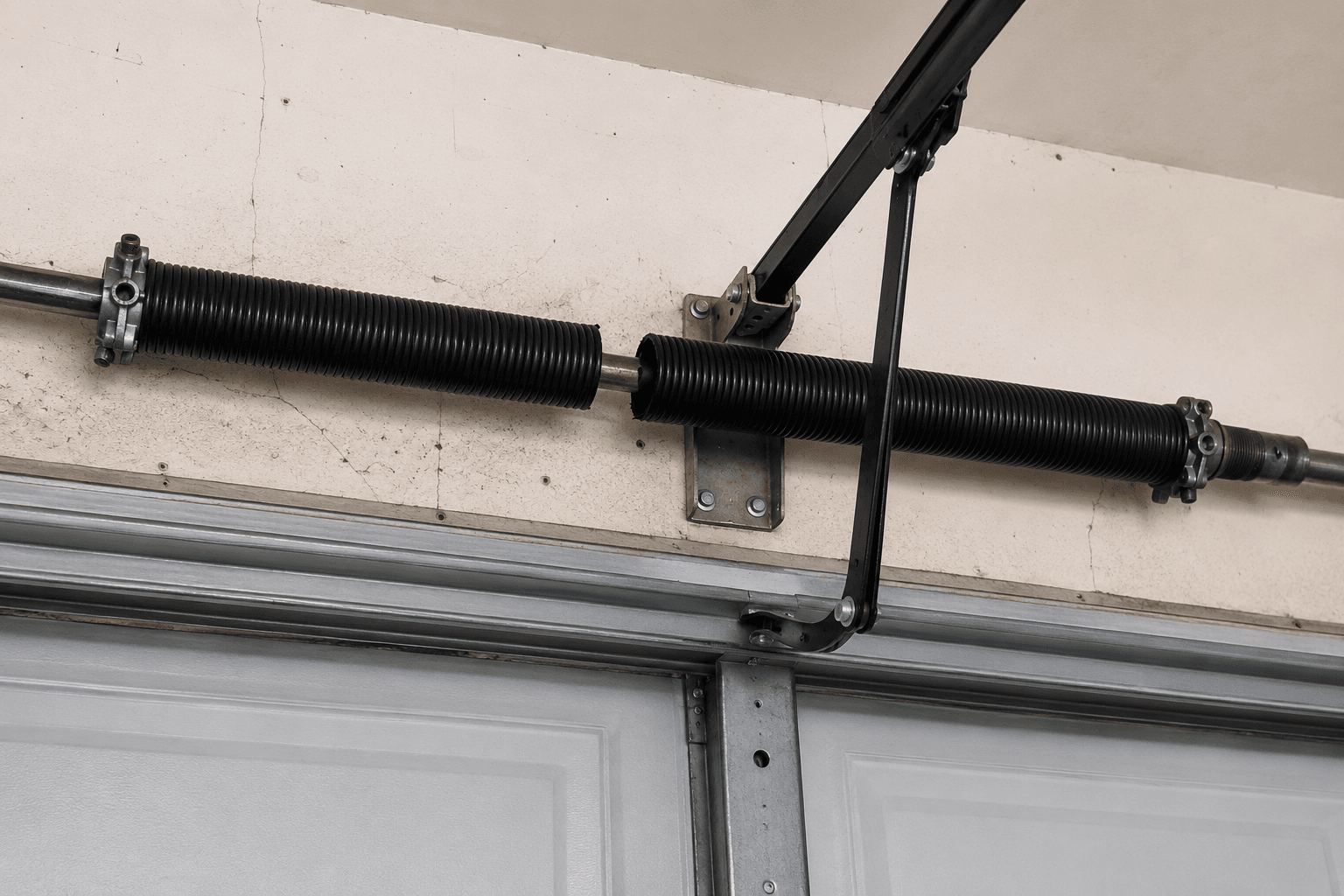 Damaged garage door before professional repairBroken torsion spring above a residential garage door before same-day spring replacement near Downtown Sumner