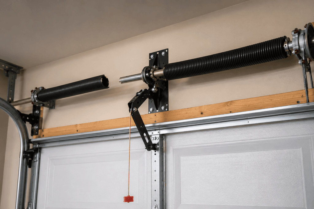 Garage door spring repair showing a broken torsion spring above a residential garage door awaiting replacement