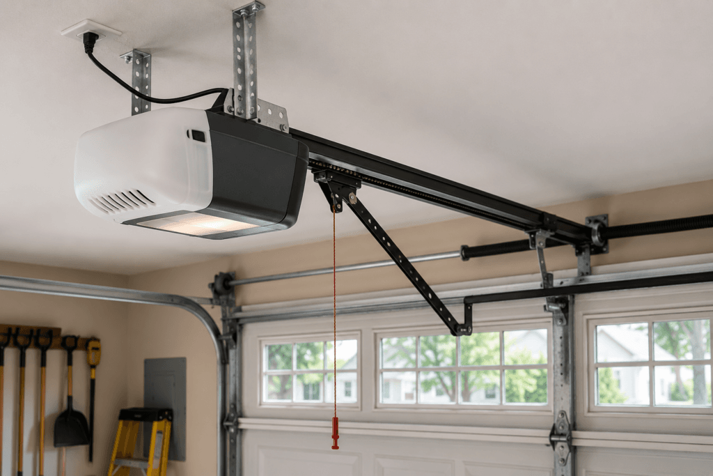 Modern garage door opener mounted above a residential garage door during professional garage door opener repair service