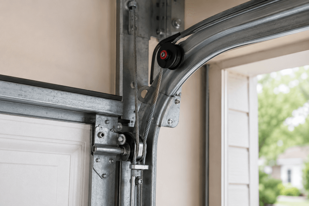 Garage door lift cable and roller assembly on a residential garage door during professional garage door cable repair