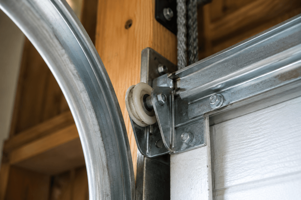 Garage door roller repair showing a nylon roller inside a galvanized steel track on a residential garage door system