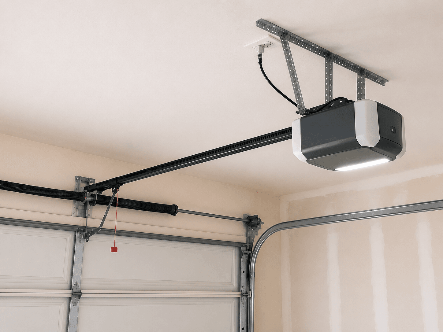 After garage door opener upgrade featuring a modern belt-drive opener installed in a residential garage in Silver Creek