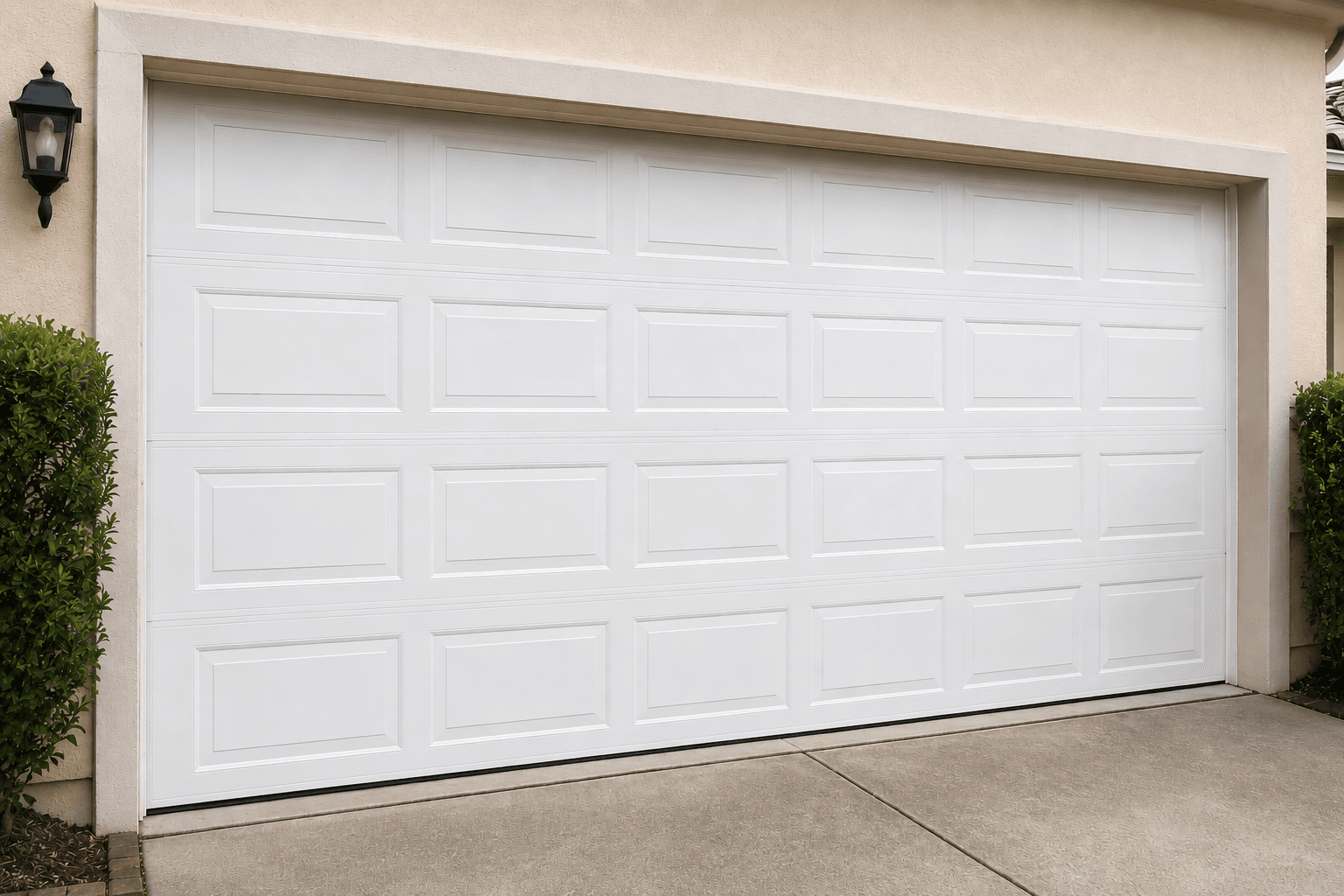 After garage door panel repair showing a fully restored lower garage door panel with a seamless finish near Sunrise