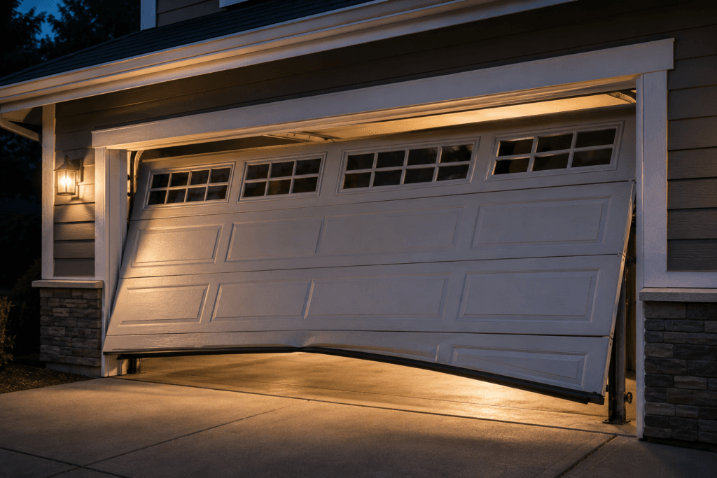 Garage door off track requiring emergency repair in the Puyallup area.