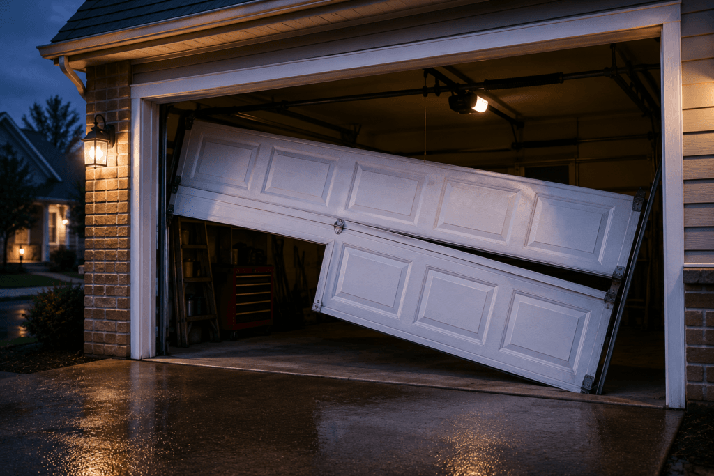 Emergency garage door repair for an off-track residential garage door requiring immediate same-day repair service.