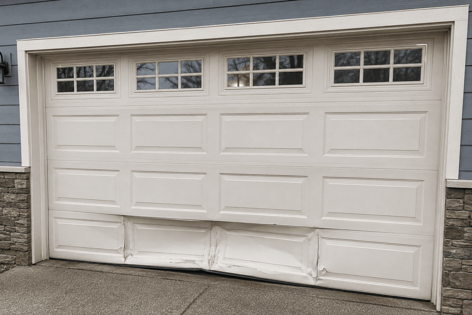Before garage door panel repair showing a damaged lower garage door panel on a residential home in North Sumner