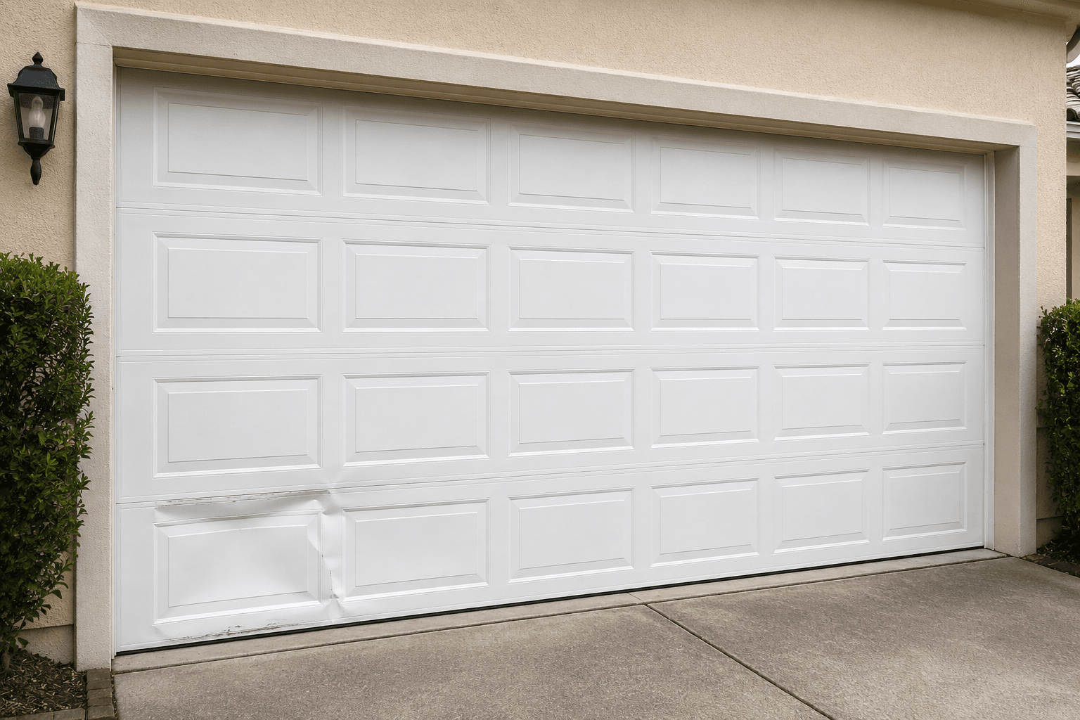 Before garage door panel repair showing a dented lower garage door section caused by accidental impact near Sunrise