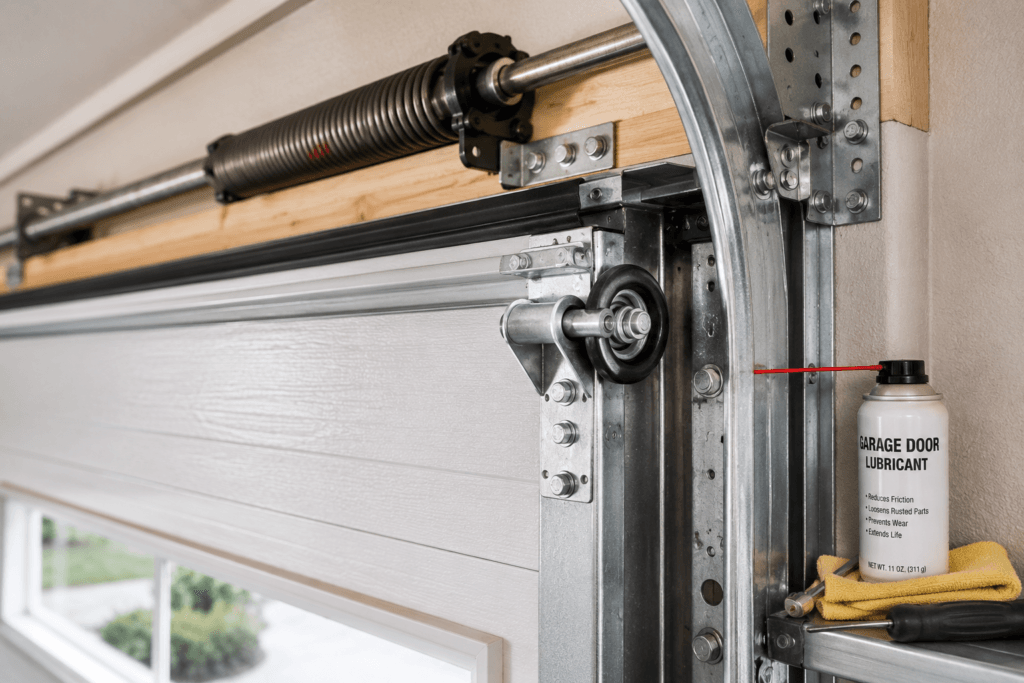 Garage door hardware inspected and maintained in a residential garage.