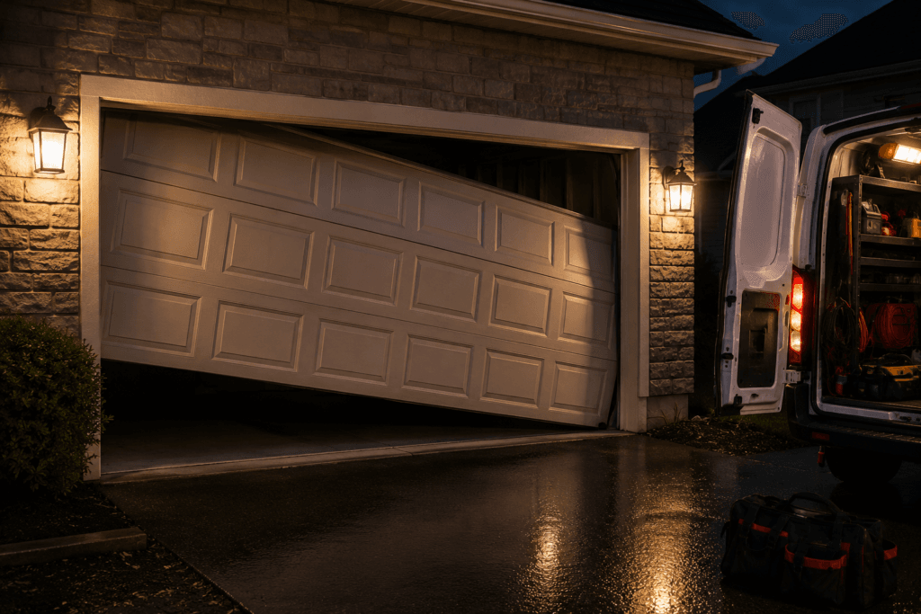 Emergency garage door repair showing a jammed residential garage door requiring fast same-day repair and safe operation