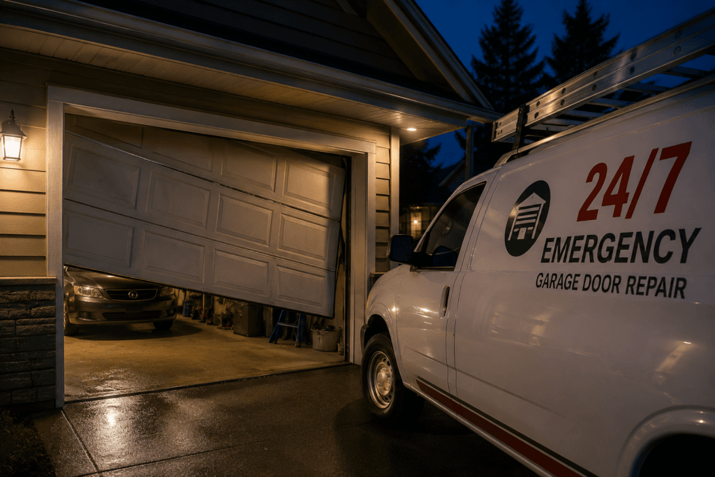Partially open residential garage door during an emergency garage door repair service call on a rainy evening