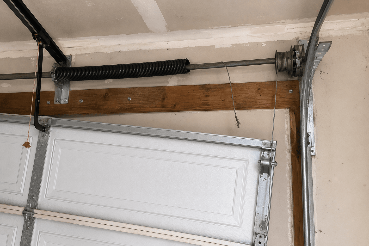 Before emergency garage door cable repair showing a snapped lift cable and uneven residential garage door in South Sumner