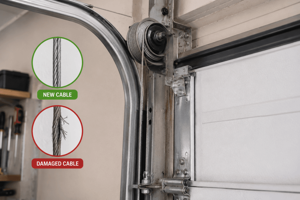 Garage door lift cable replacement on a residential garage door in Puyallup, WA.