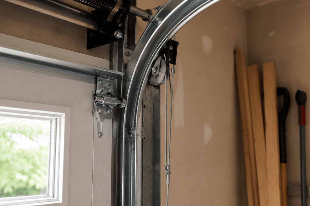 Garage door cable repair showing a residential lift cable and pulley system restored for safe, smooth door operation