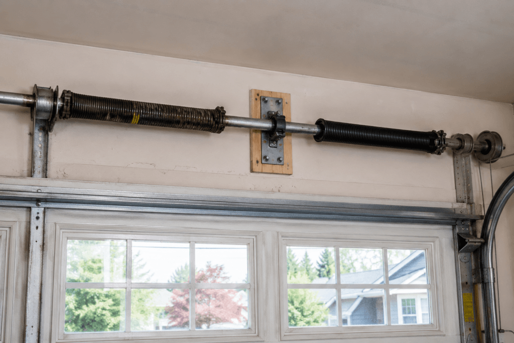 Garage door torsion spring replacement on a residential garage door in Puyallup, WA.