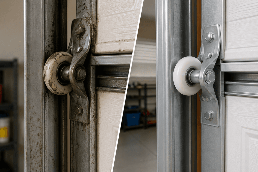 Garage door roller repair showing new residential rollers installed for smoother, quieter, and more reliable door operation
