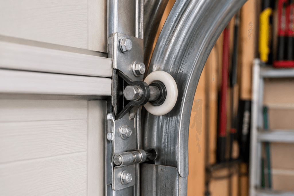 Garage door roller and track system inside a residential garage.